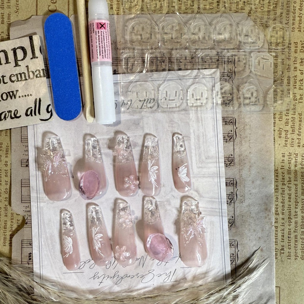 【FREE LEM 】HERA DIARY N01 3D Kuku Palsu HANDMADE 10pcs Fake Nail Pross on Nails kuku palsu wedding kuku perawatan kecantikan nail art