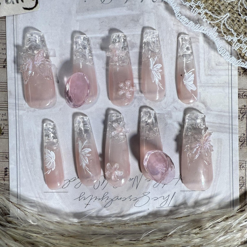 【FREE LEM 】HERA DIARY N01 3D Kuku Palsu HANDMADE 10pcs Fake Nail Pross on Nails kuku palsu wedding kuku perawatan kecantikan nail art
