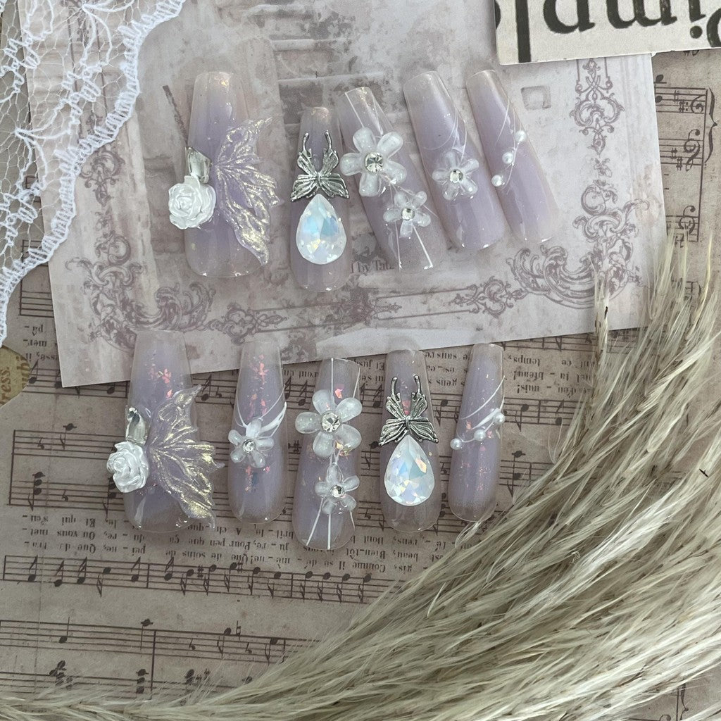 【FREE LEM 】HERA DIARY N03 3D Kuku Palsu HANDMADE 10pcs Fake Nail Pross on Nails kuku palsu wedding kuku perawatan kecantikan nail art