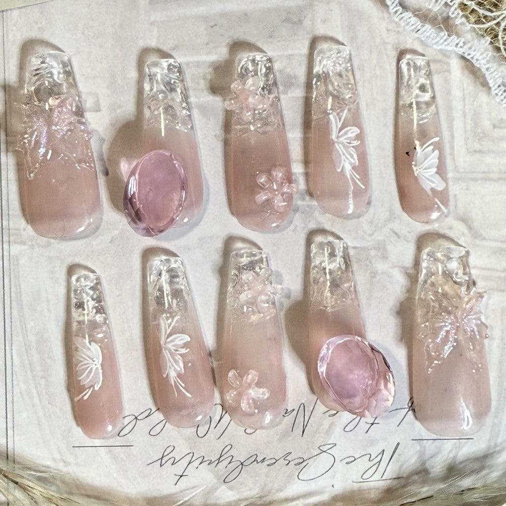 【FREE LEM 】HERA DIARY N01 3D Kuku Palsu HANDMADE 10pcs Fake Nail Pross on Nails kuku palsu wedding kuku perawatan kecantikan nail art