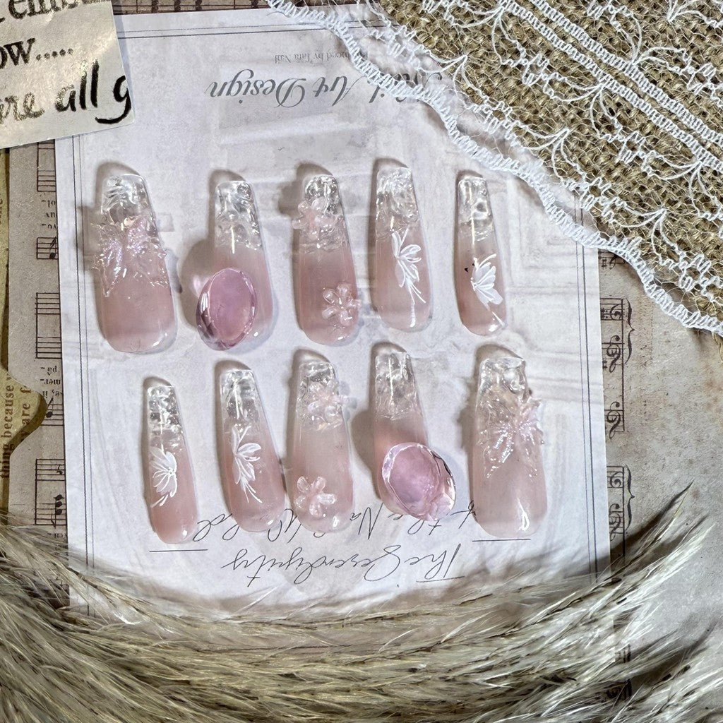 【FREE LEM 】HERA DIARY N01 3D Kuku Palsu HANDMADE 10pcs Fake Nail Pross on Nails kuku palsu wedding kuku perawatan kecantikan nail art