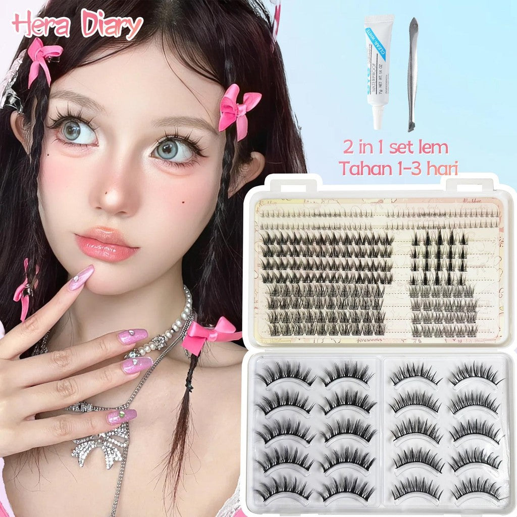 C07【FREE LEM】Hera Diary 7in1 184pcs Strip + Individual Bulumata palsu Douyin Manga Bulumata palsu bawah Natural Eyelash Ekstansi